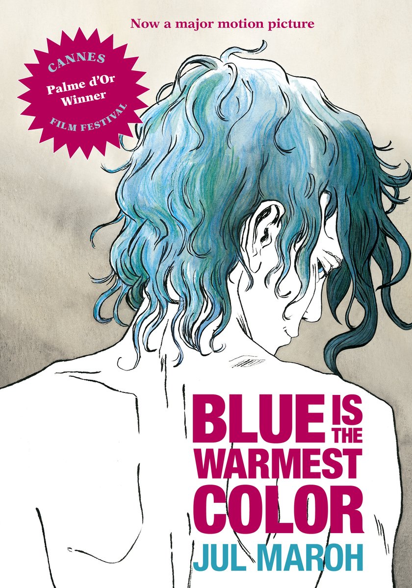 blue is the warmest color graphic novel cover drawn sketch of woman shirtless back turned with short wavy dyed blue hair looking down to the right with title text in pink on right shoulderblade