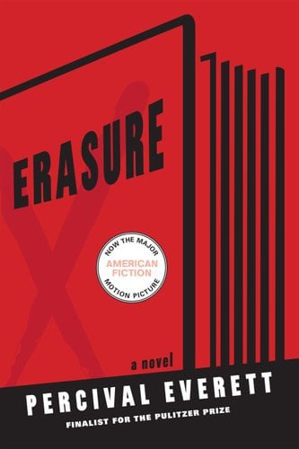 Erasure book cover, red and black with a drawn side profile book that has a red X on the front