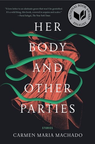 The title is set in the center in large, white letters. There's a green ribbon wrapped around the letters. A drawing colored in red is set behind the letters. All of it is set against a black background. The author's name is at the bottom in smaller white letters.