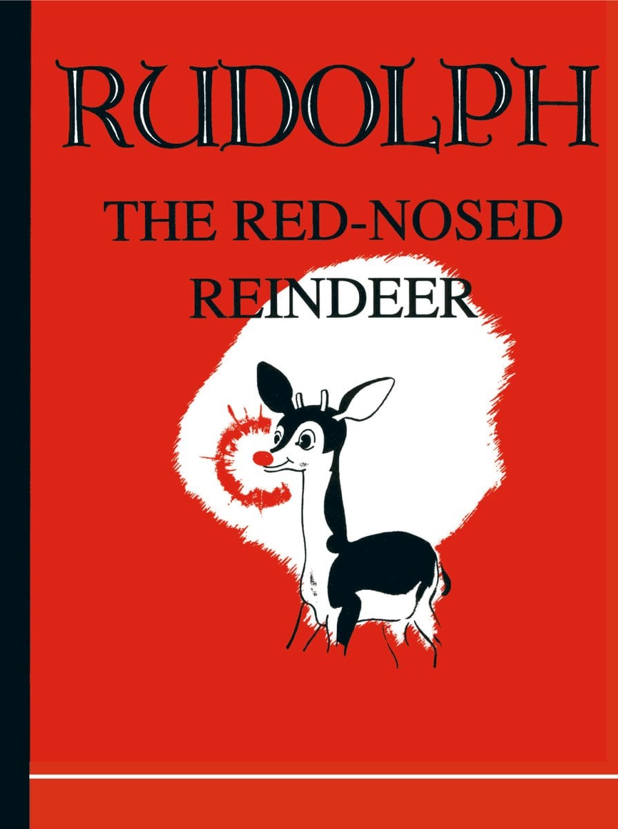Cover of Rudolph the Red-Nosed Reindeer featuring a simple black and white illustration of Rudolph with his glowing red nose on a bright red background