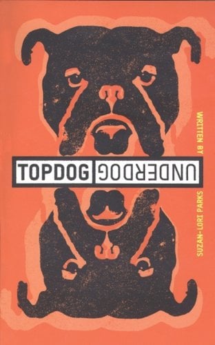 "Topdog/Underdog" play cover, with a dog's head both right side up and upside down.