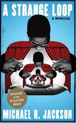 "Strange Loop" play cover, with a man opening curtains underneath his head, with the same image but smaller underneath the curtains and so on.