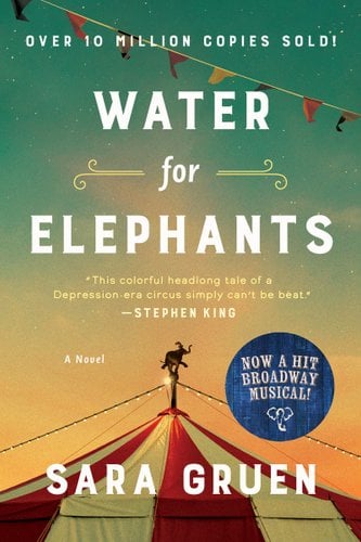 Water for Elephants cover by Sara Gruen, an elephant standing on top of a red and white striped circus tent in front of a blue sky.