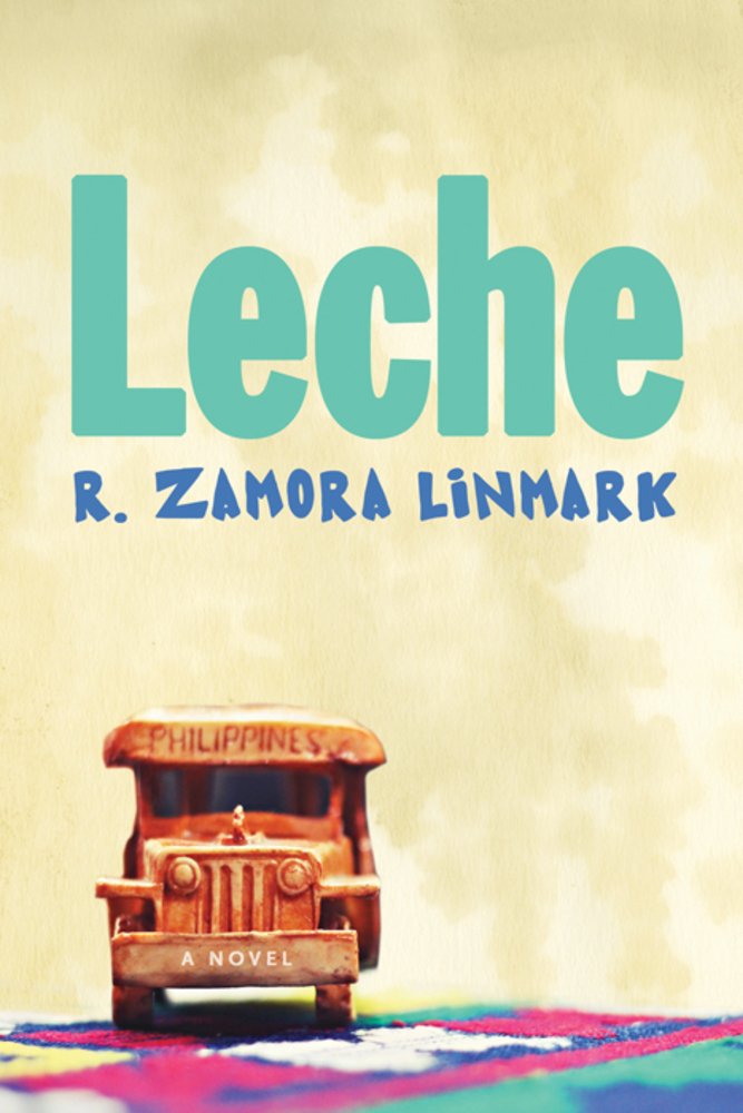 Leche, a LGBT literature book by R. Zamora Linmark, depicts a bus labeled the "Philippines" driving forward over a brightly colored path.