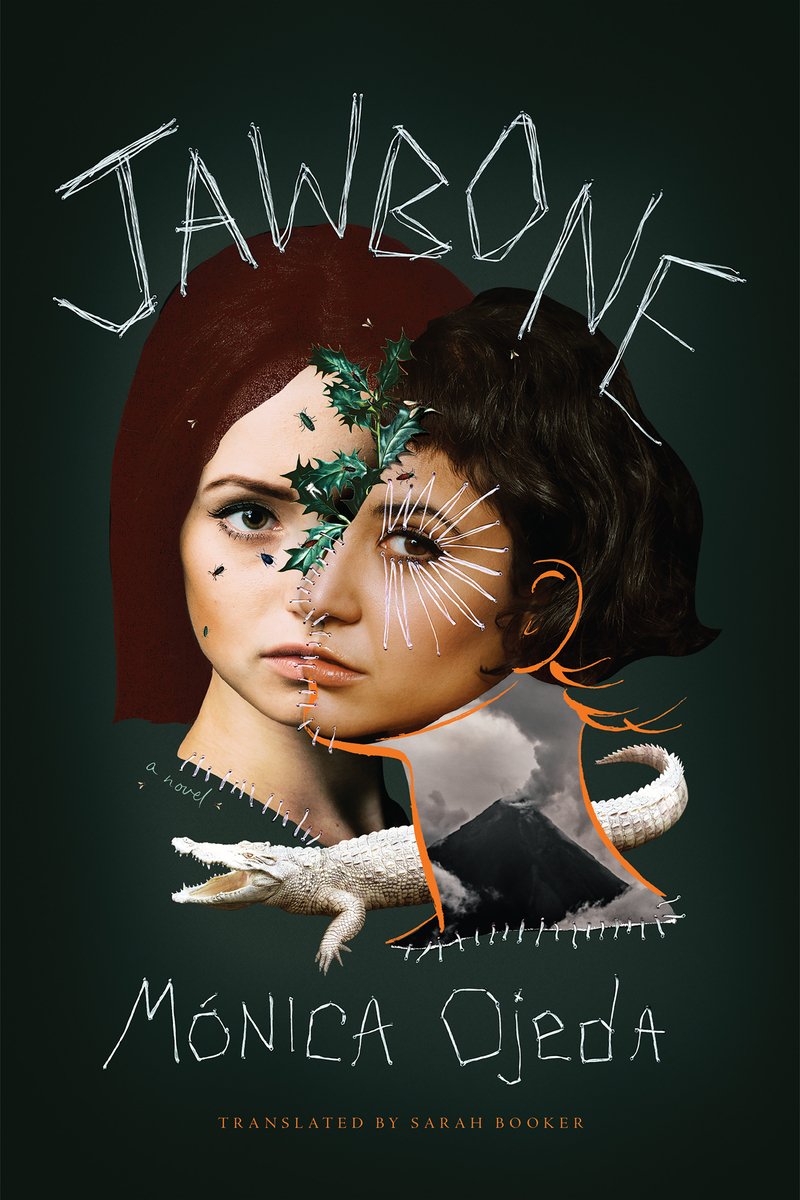 Jawbone by Mónica Ojeda, a Hispanic horror book cover depicting two girls with faces stitched into one, with a white alligator at the bottom.