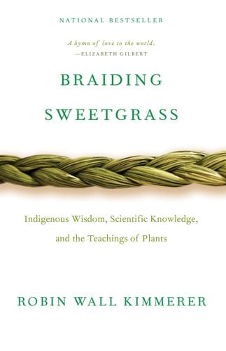 Book jacket of Braiding Sweetgrass: Indigenous Wisdom, Scientific Knowledge, and the Teachings of Plants by Robin Wall Kimmerer. A single piece of green, braided sweetgrass runs from left to right in the middle of the cover.