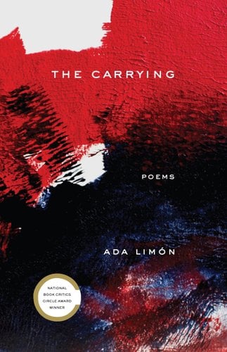 The Carrying by Ada Limón book cover with hues of black, red, white, and blue.