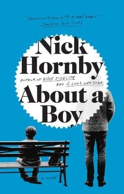 About a Boy by Nick Hornby, encased in a spiky circle. Blue background of a boy sitting on a bench and a man standing next to him, both facing away.
