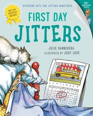 A girl is lying in bed with her blanket up to her nose and a cat sitting on her pillow. They both stare nervously at the calendar that had a big yellow school bus on the picture. On the calendar reads "First Day of School" circled in big red ink.