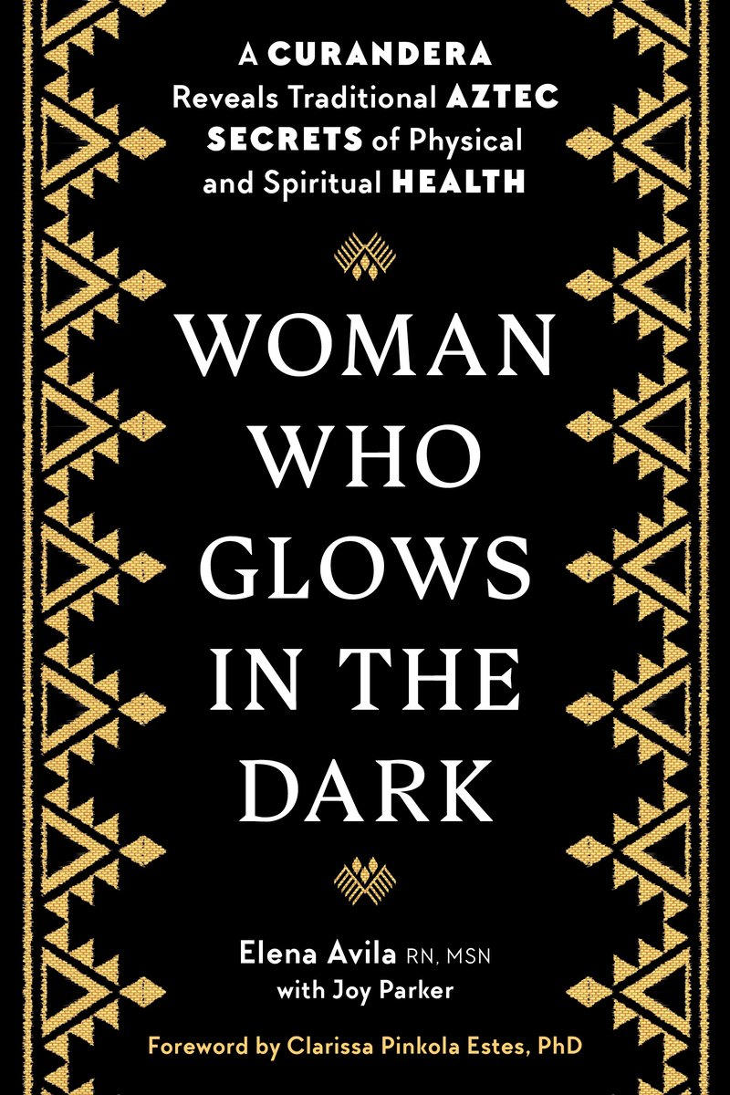 Woman Who Glows in the Dark by Elena Avila, a simple black background with the title in the middle going down, and gold accents on the sides.