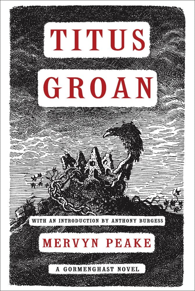 the cover of Titus Groan by Mervyn Peake, depicting a black and white drawing of a crown on a hill connected to a chain, with a raven perching on it
