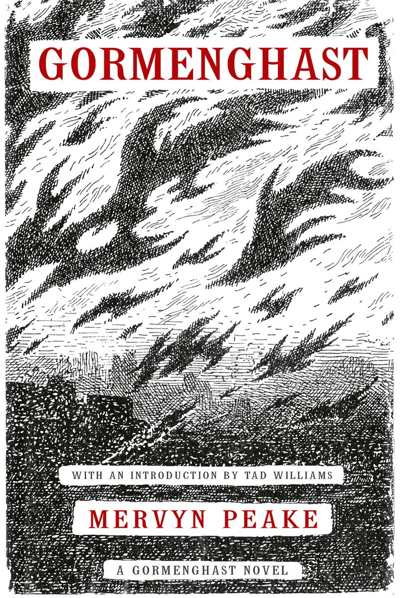 The cover of Mervyn Peake's Gormenghast, with a black and white abstract illustration
