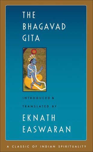The Bhagavad Gita introduced and translated by Eknath Easwaran book cover. Inside a brown color-blocked frame, a blue gradient background fades from dark at the top to light at the bottom. The text is left-centered, and between the title and the translator's name is a small picture of Vishnu that looks as if it was traditionally painted.