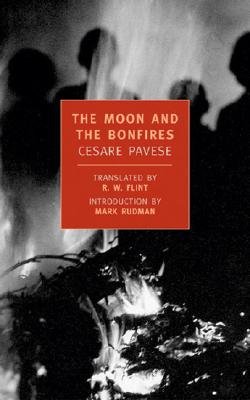 The Moon and the Bonfires by Cesare Pavese book cover, depicting a bonfire and shadows of people around.