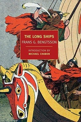 A viking type man wearing a red cape, blowing a horn while standing on the helm of a ship with a horse at the front