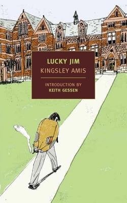 The cover of Kingsley Amis' Lucky Jim, featuring a man with a cardigan walking down a path towards a large building away from the viewer, holding a smoking cigarette behind his back