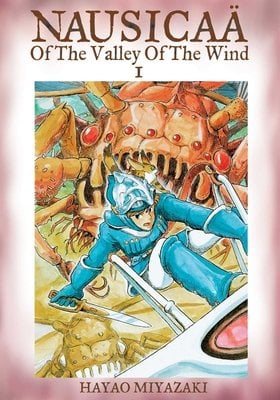 Nausicaä of the Valley of the Wind by Hayao Miyazaki manga cover. A girl in a well-fitting blue suit with gloves flies towards the viewer on a white glider as she is pursued by a giant bug-like creature with glowing red eyes.