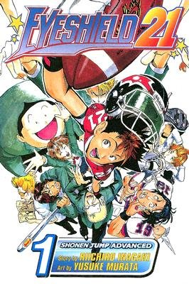 Eyeshield 21 by Yusuke Murata and Riichiro Inagaki, a sports manga book cover depicting a boy in a football uniform and brown hair, reaching up for a football while being surrounded by a cast of boys with the same green football uniform.