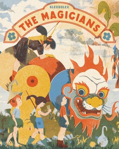 The Magicians cover by BlexBolex, children standing around a half-lion, half-dragon creature.