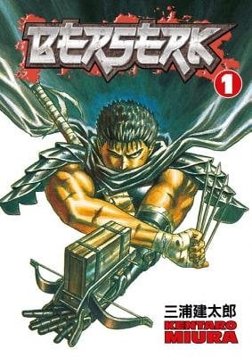 "Berserk" in metallic font above a drawing of a man with weaponry in his hands.