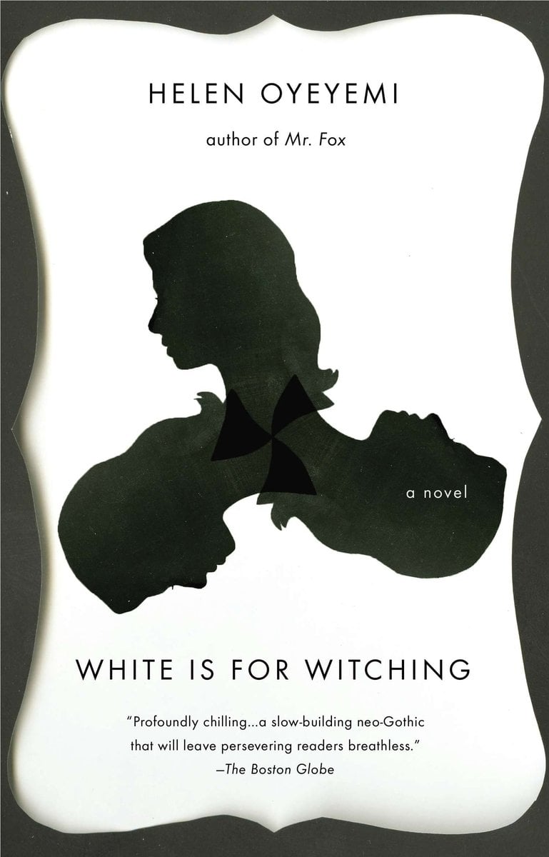 White is For Witching by Helen Oyeyemi, white book cover with three shadowy faces in a wheel shape, above the title.