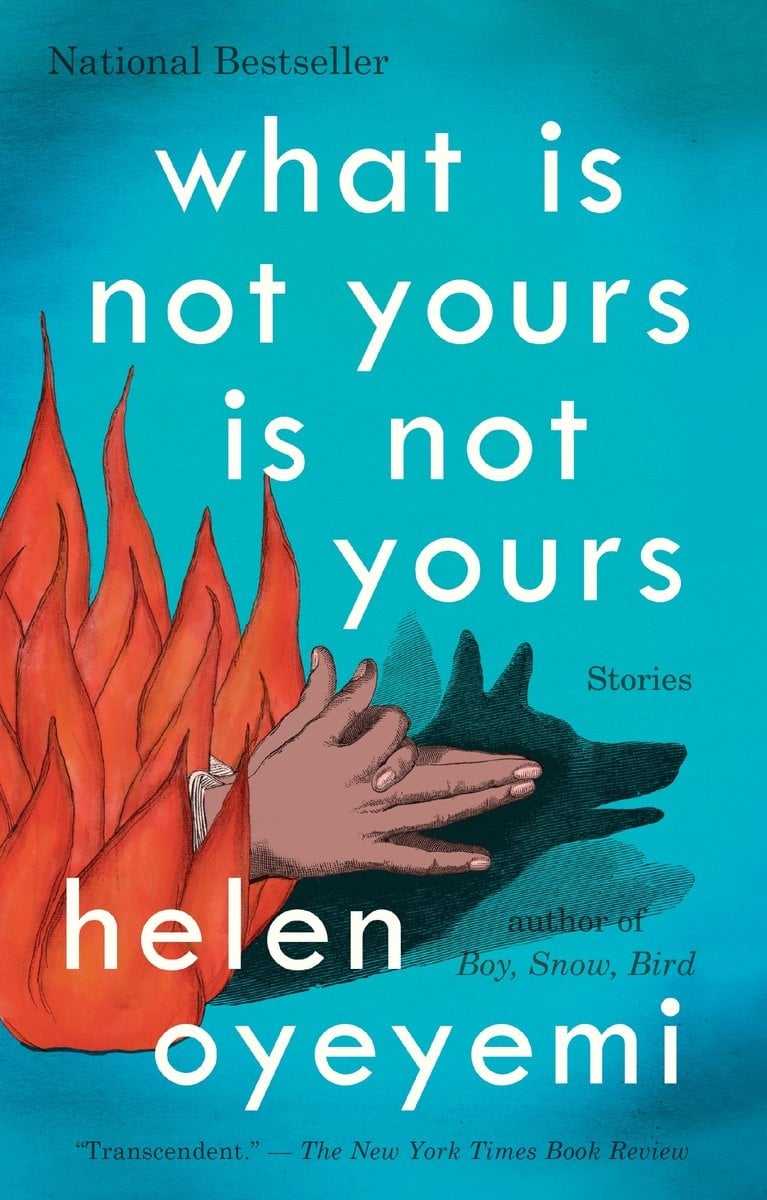 What Is Not Yours Is Not Yours by Helen Oyeyemi, a blue book cover featuring a pair of hands placed to cast a shadow of a dog behind them. Red orange flames are where the forearms should be, and the title is written in white text above the illustration.