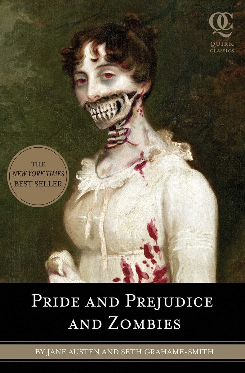 Cover of Pride and Prejudice and Zombies by Seth Grahame-Smith. A woman is wearing a white period-style dress that is splattered with blood. The skin is removed from her jaw, revealing her bare teeth.