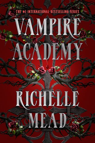Vampire Academy by Richelle Mead, book cover depicting the VA logo superimposed over the face of a woman on a dark maroon background.