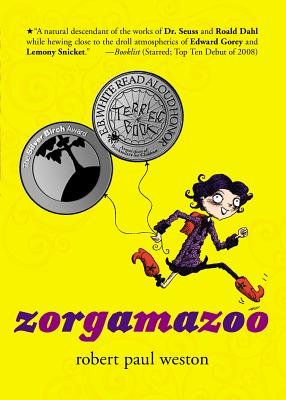 Book cover of Zorgamazoo with a young girl running and smiling in red boots holding silver balloons.
