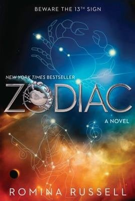 Cover of Zodiac by Romina Russell. There is a blue sky with a crab and a constellation. Below is a orange and red sky, with more constellations.