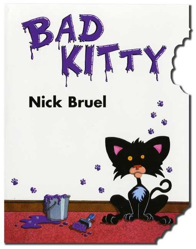 Bad Kitty by Nick Bruel book cover. The cover is white and the title is purple. A black cat sits on the carpet beside a bucket of purple paint. There are purple paw prints all over the wall and bites taken out of the side of the book cover illustration.