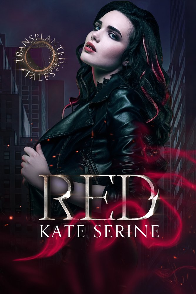 Red by Kate Serine romantic mystery that revisits nursery rhyme lore book cover depicting a dark haired woman with red highlights in a leather jacket standing in front of a city backdrop.