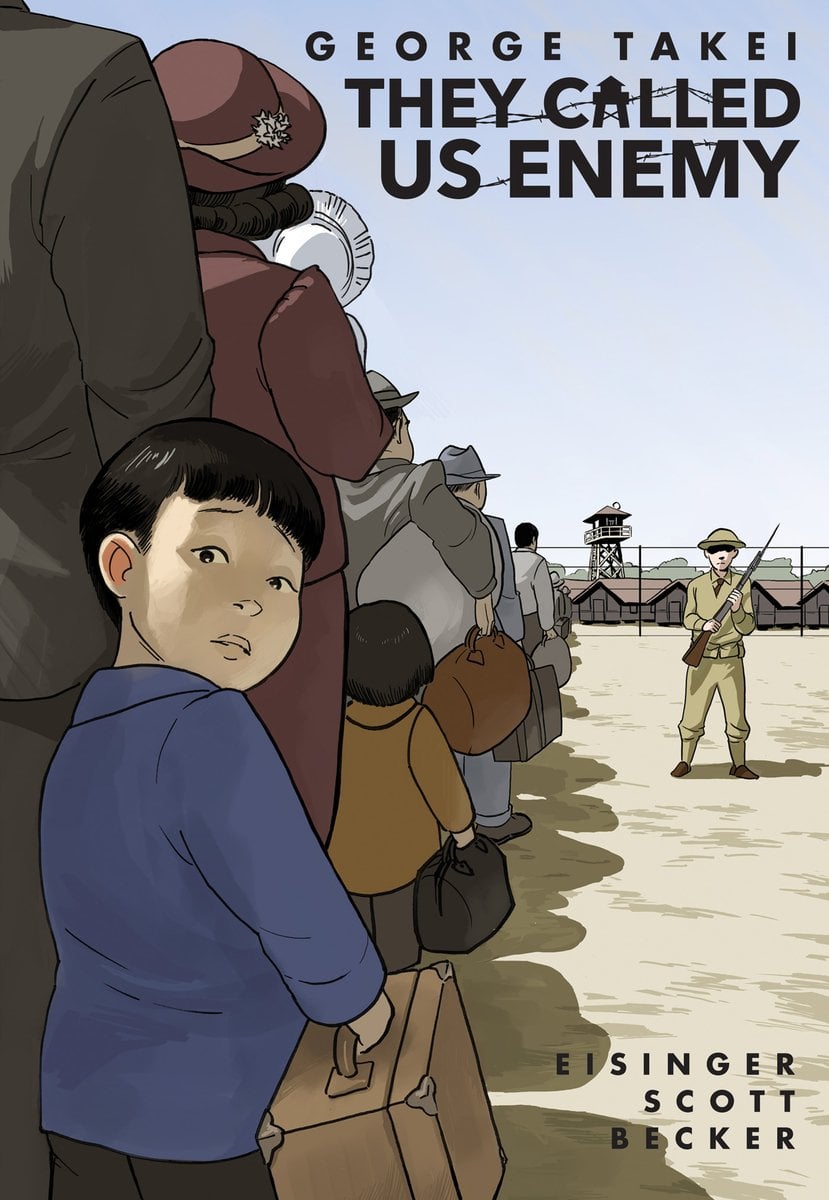 They Called us Enemy by George Takei. An illustration of a young boy looking back fearfully in a line of people patrolled by an armed guard.