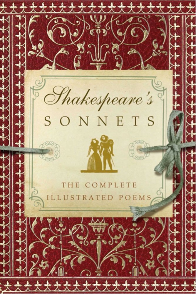 Shakespeare's Sonnets: The Complete Illustrated Poems, by William Shakespeare, book cover of an Elizabethan inspired red leather and silver background, with a square that looks like aged paper over it. It appears that the square of paper is attached to the book using a cloth string, adding to the aged look.