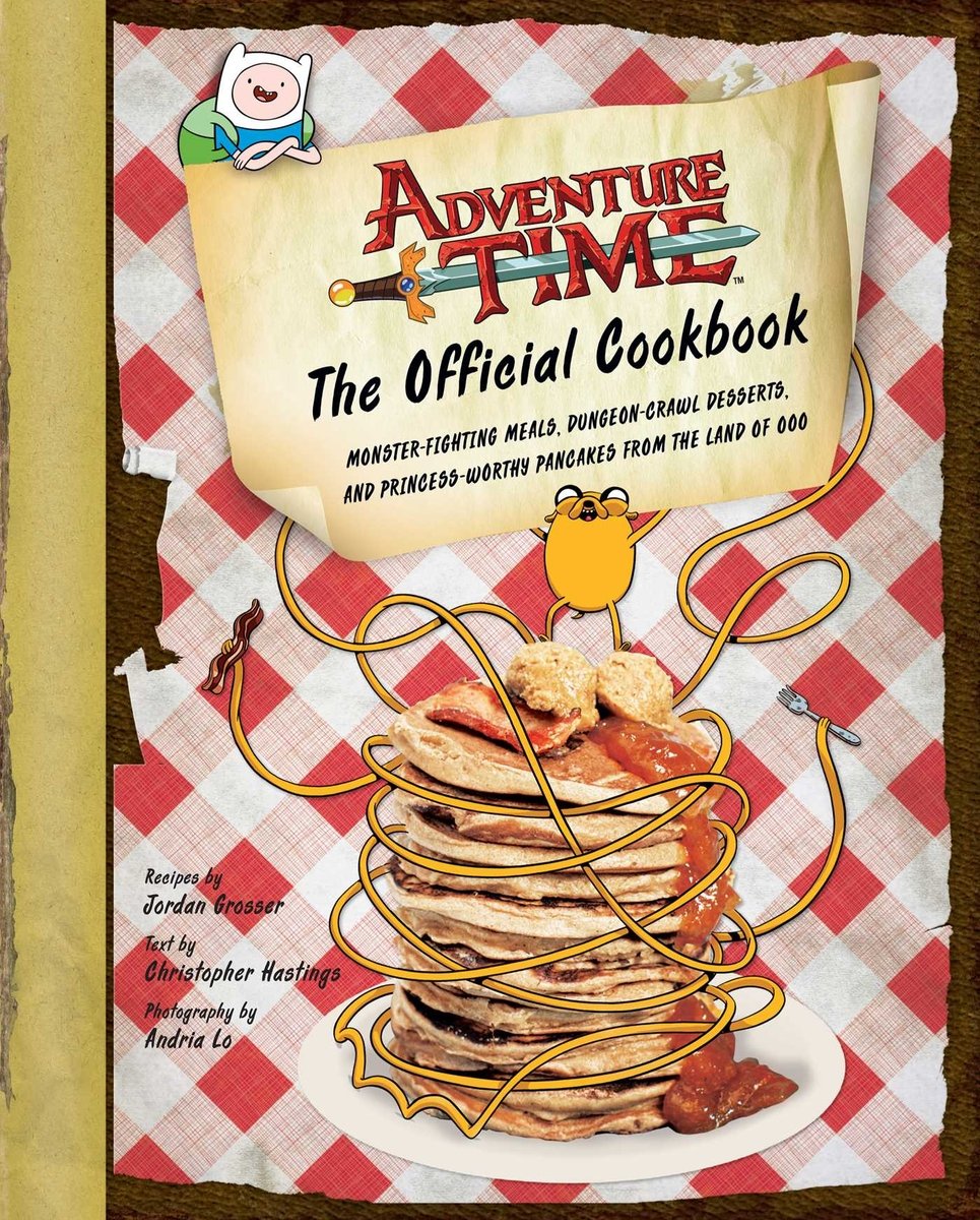 Adventure Time: The Official Cookbook by Jordan Grosser book cover. A pile of pancakes sits on a plate surrounded by spaghetti on a red gingham tablecloth.