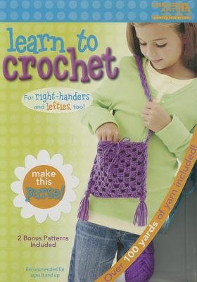 Learn to Crochet by Inc Leisure Arts, a crafting book and kit cover depicting a green textured background with a blue stripe on the top. On the right side is a girl wearing a green sweater. She is looking down and holding a purple crochet purse.