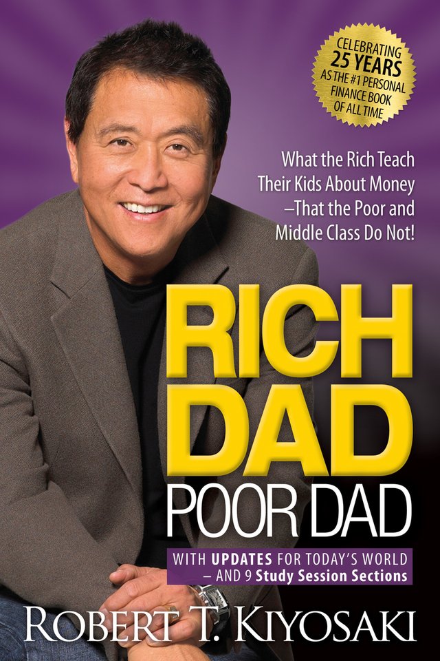 Rich Dad Poor Dad by Robert Kiyosaki, financial literacy book cover depicting author Robert Kiyosaki and a purple background.