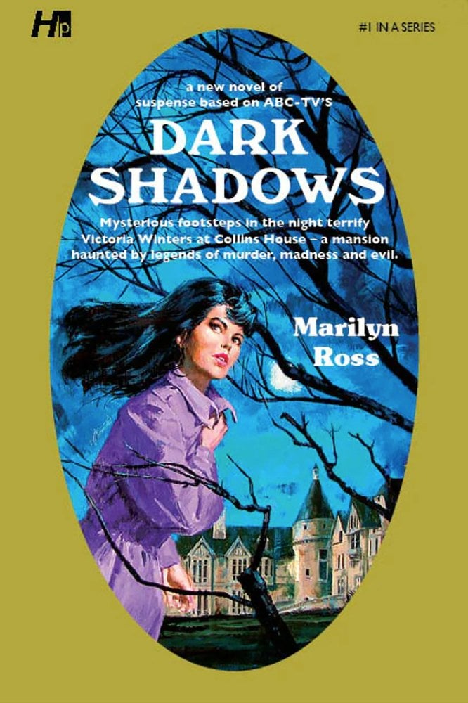 The book cover for Dark Shadows by Marilyn Ross. An olive green background with an oval cutout in the center. Within the oval is a young woman with long black hair and a purple coat. She looks over her shoulder. Behind her is a blue night sky with a white moon, dark tree branches, and a large brown mansion in the distance.