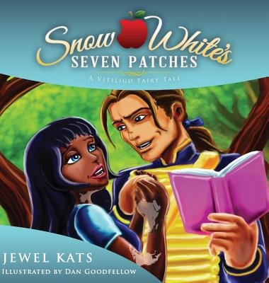 Cover of “Snow White’s Seven Patches” by Jewel Kats showing a girl with white patches on her skin in a red dress, holding a golden mirror, with a magical forest in the background.