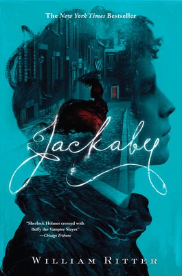 Cover of Jackaby by William Ritter. A man's profile is placed against a blue background. Within his profile is a woman wearing a red dress, looking back as she runs through a city alley.