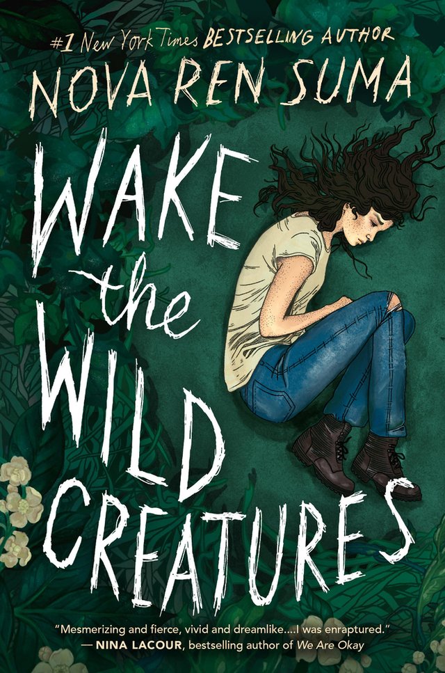 The cover of Wake the Wild Creatures features an illustration of a teen girl laying down in the fetal position in a bed of green grass surrounded by green foliage