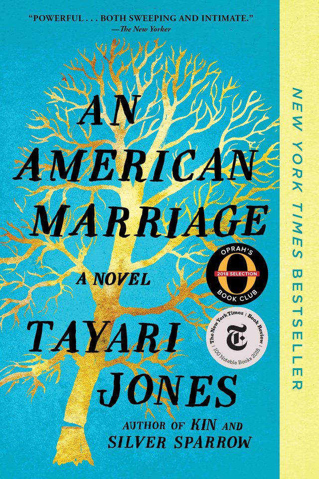 Cover of An American Marriage by Tayari Jones. A yellow leafless tree against a blue background.
