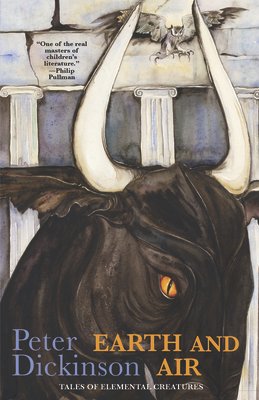 Earth and Air by Peter Dickinson mythology and folklore book cover depicting a black bull with white horns standing in front of a building with large pillars and an owl flying down.