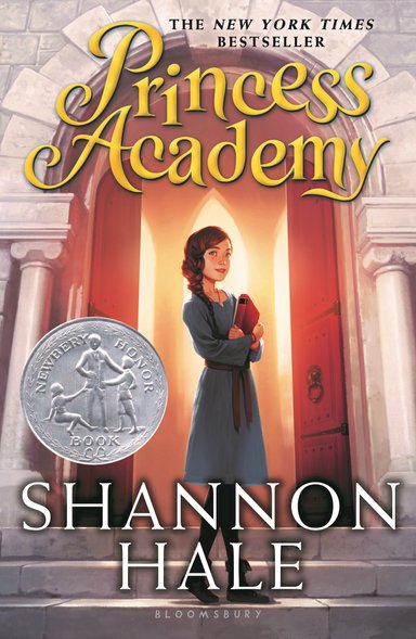 Book cover of Princess Academy by Shannon Hale, featuring a tan-skinned child with long brown hair in a braid holding a red book to their chest while standing in front of an open wooden door to a large stone building.
