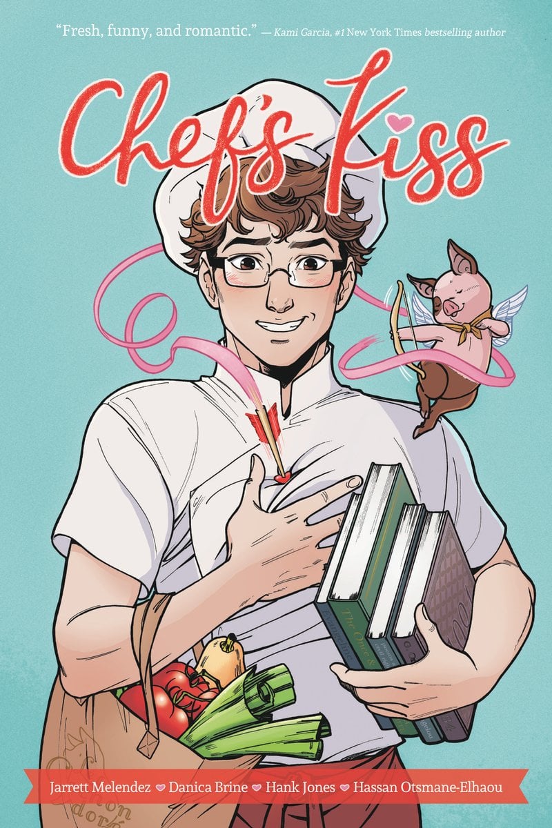 Book cover of Chef's Kiss by Jarrett Melendez. An illustrated image of a man with light skin, wearing a chef's top and hat and glasses smiles at the viewer. He holds a bag of groceries in his right arm and a stack of books in his left. A small floating pig with wings and a bow and arrow flies around him with a trail of pink ribbon.