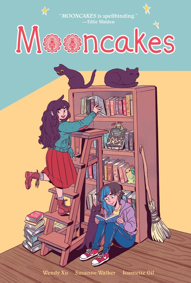 The cover of Mooncakes, a cozy fantasy graphic novel, features two young teens, one sitting down against a bookshelf and one on a ladder against a blue and yellow pastel background