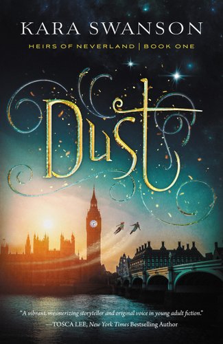 Dust by Kara Swanson book cover. Two figures leave a trail in their wake as they fly over the River Thames with Big Ben in the background under a blue and green evening sky.