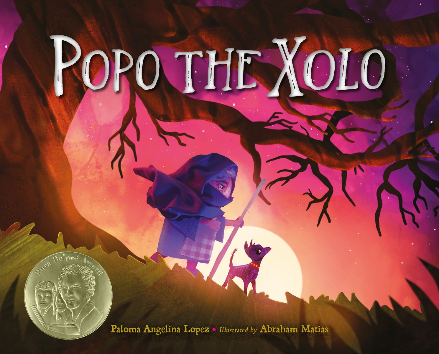 Book cover of Popo the Xolo by Paloma Angelina Lopez, Illustrated by Abraham Matias, featuring a tan-skinned elderly woman wearing a dark blue head covering and using a walking stick as she walks down a hillside; alongside her is a small gray dog.