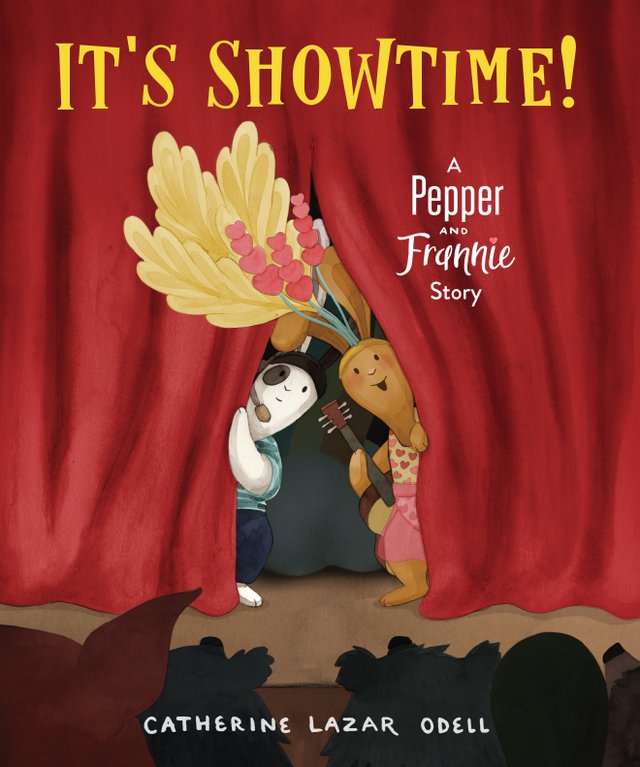 It's Showtime! A Pepper and Frannie Story by Catherine Lazar Odell shows a white rabbit with brown spots peeking out behind the left curtain while a brown rabbit with a guitar and flower hat peeks out the right curtain looking out into the audience.
