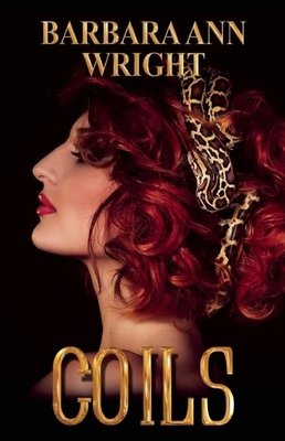 A black book cover with a woman with red hair on it. She is facing the left, and has a snake in her hair. It says "Barbara Ann Wright" at the top and "Coils" at the bottom.